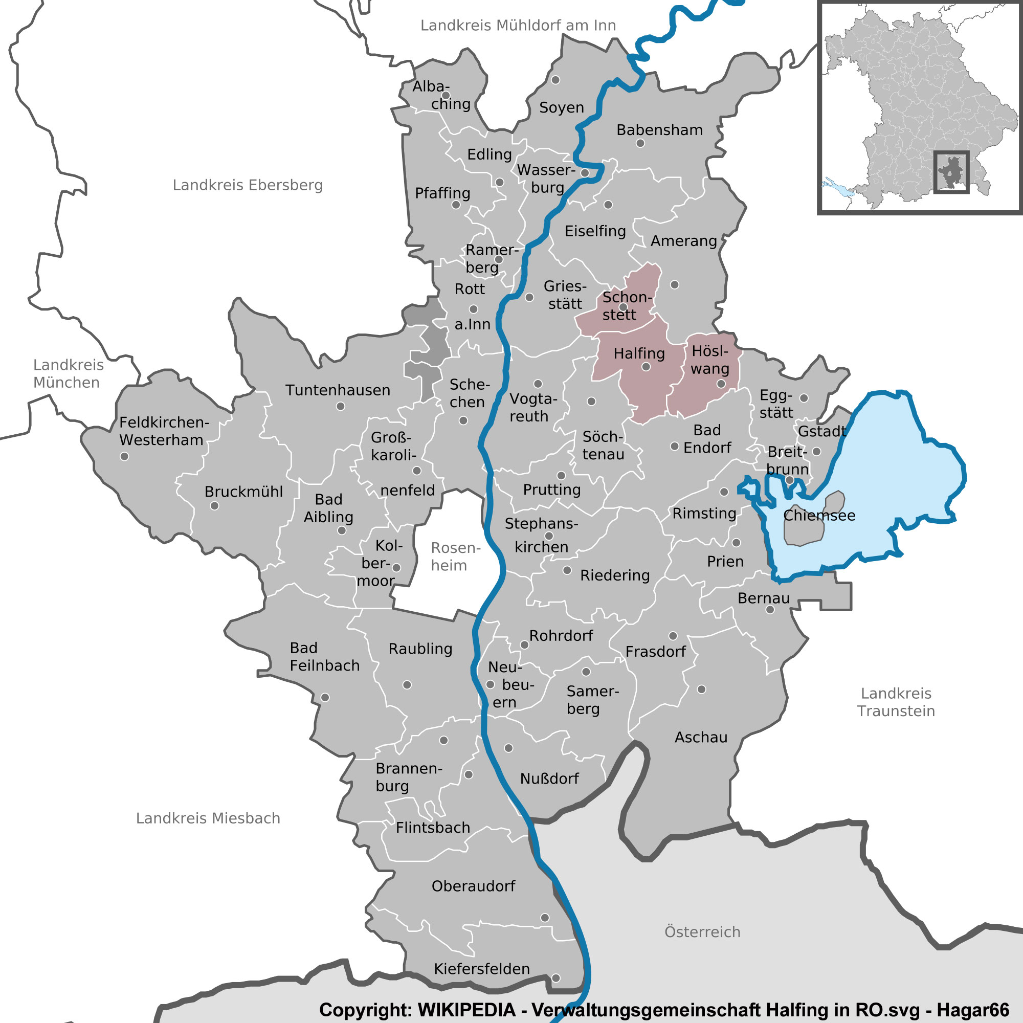 Karte aus WIKIPEDIA mit der Lage der Verwaltungsgemeinschaft im Landkreis Rosenheim